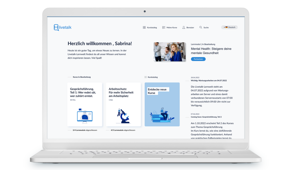 Ein weißer Laptop mit einem Screenshot der LMS-Benutzeroberfläche. Die Farben sind in Blautönen abgestimmt.