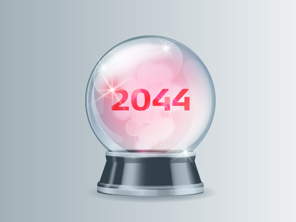 Illustration einer Glaskugel in der 2044 steht.