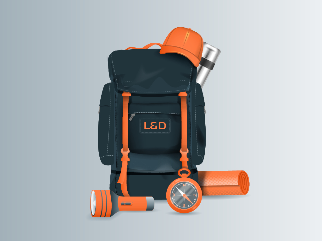 Illustration eines Rucksacks mit Wanderutensilien wie einer Taschenlampe, einem Kompass, einer Isomatte und einer Kappe.