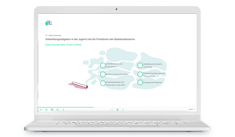 Laptop mit Screenshot aus dem Training, es geht um Entwicklungsaufgaben und Funktion des Substanzkonsums.