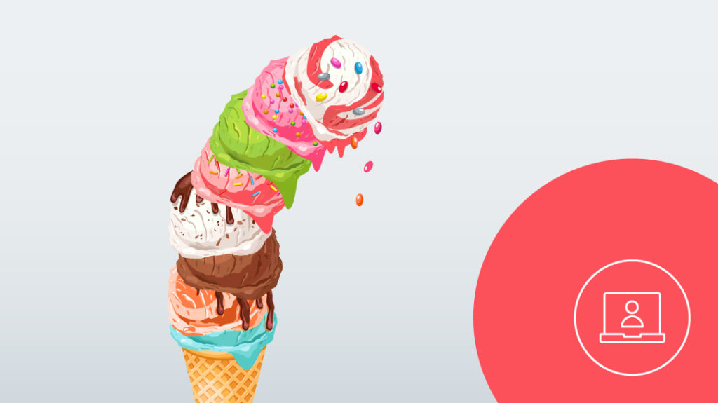 Illustration einer Eiswaffel auf die so viele bunte Eiskugeln gestapelt sind, dass sie umfallen.
