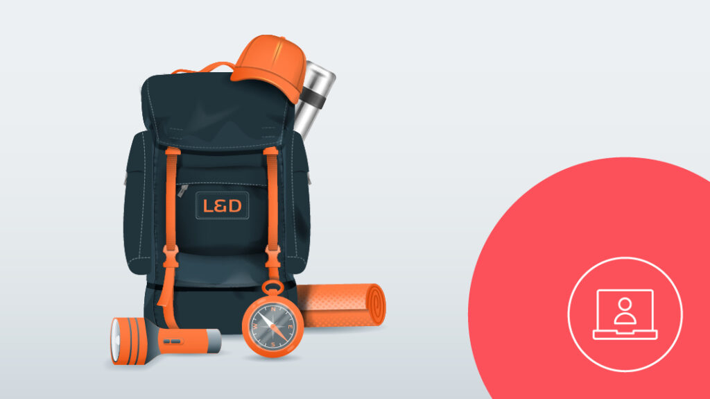 Illustration eines Rucksacks mit Wanderutensilien wie einer Taschenlampe, einem Kompass, einer Isomatte und einer Kappe.