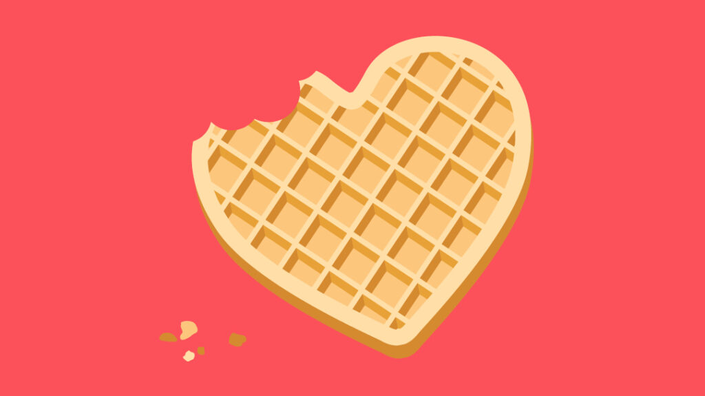 Illustration einer Waffel in Herzform von dem ein Stück abgebissen wurde.