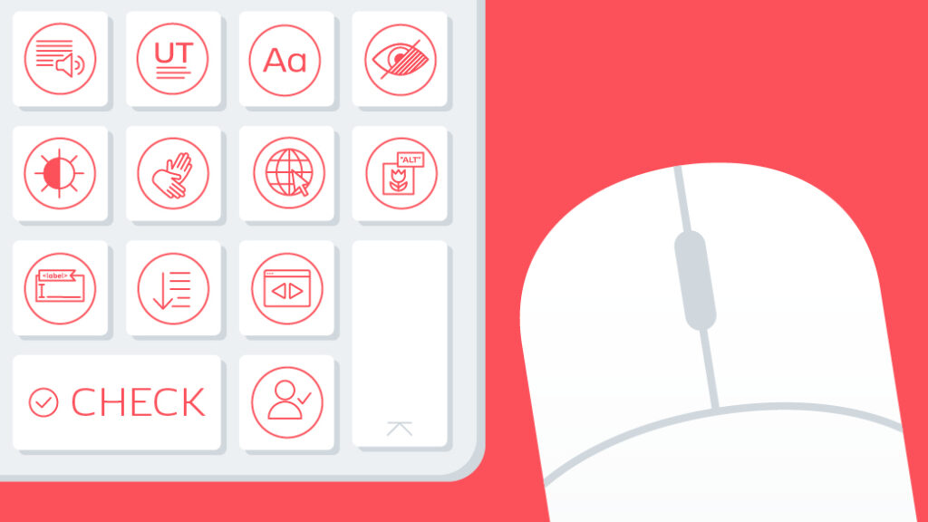 Eine Illustration zeigt eine Computertastatur und eine Maus auf einem roten Hintergrund. Die Tastatur enthält spezielle Tasten mit Symbolen, die verschiedene Funktionen darstellen: Screenreader, Untertitel, Schriftgröße, Audiodeskription, Kontrast, Gebärdensprache, Internet, Bild mit Alt-Text-Label, Eingabetext, Lesefluss, Navigation, Check und Person. Die Symbole sind in roten Kreisen auf weißen Tasten dargestellt.