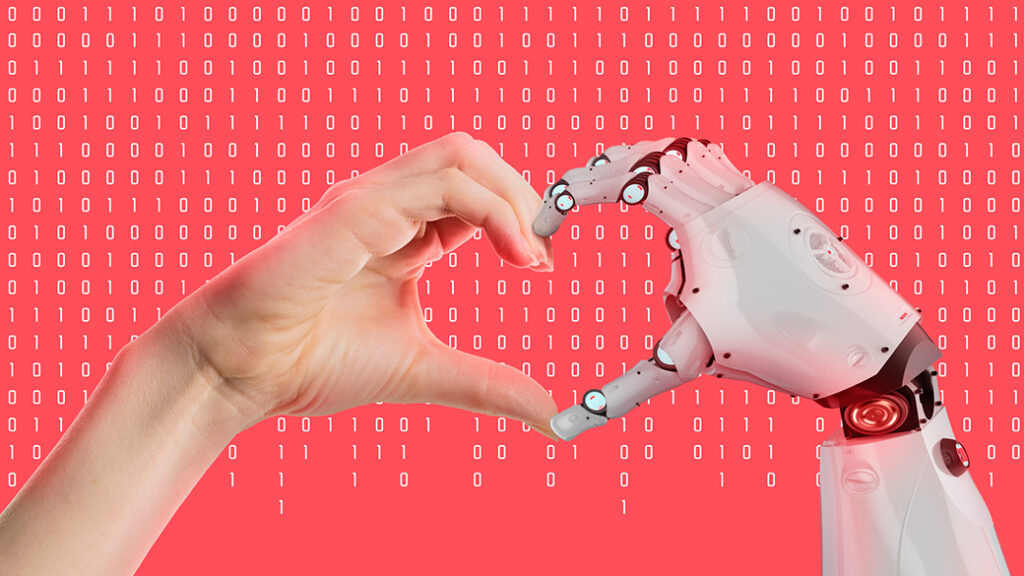 Eine menschliche Hand und eine Roboterhand die zusammen ein Herz formen, im Hintergrund sind Binärcodes