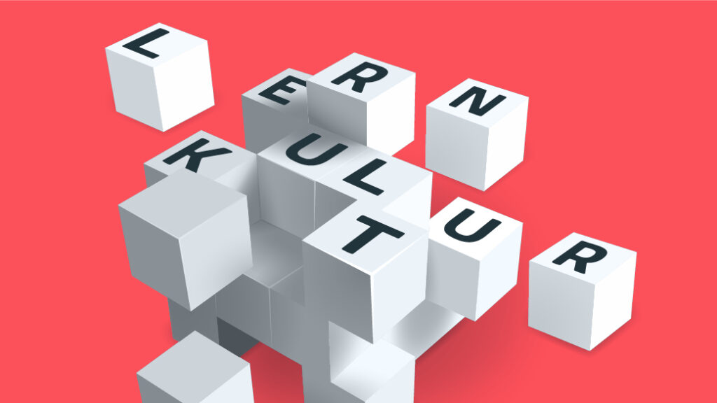 Eine 3D Grafik bestehend aus übereinander gestapelten weißen Würfeln auf denen jeweils einzelne schwarze Buchstaben stehen die zusammen das Wort: 