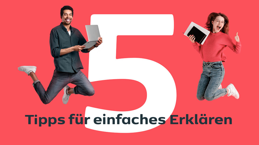 Zwei Personen springen vor einem roten Hintergrund mit einer großen Zahl 5 und dem Text 