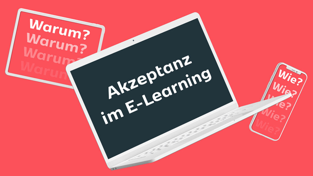 Eine Illustration mit einem roten Hintergrund zeigt ein weißes Laptop, ein Tablet und ein Smartphone. Auf dem Bildschirm des Laptops steht in weißer Schrift 