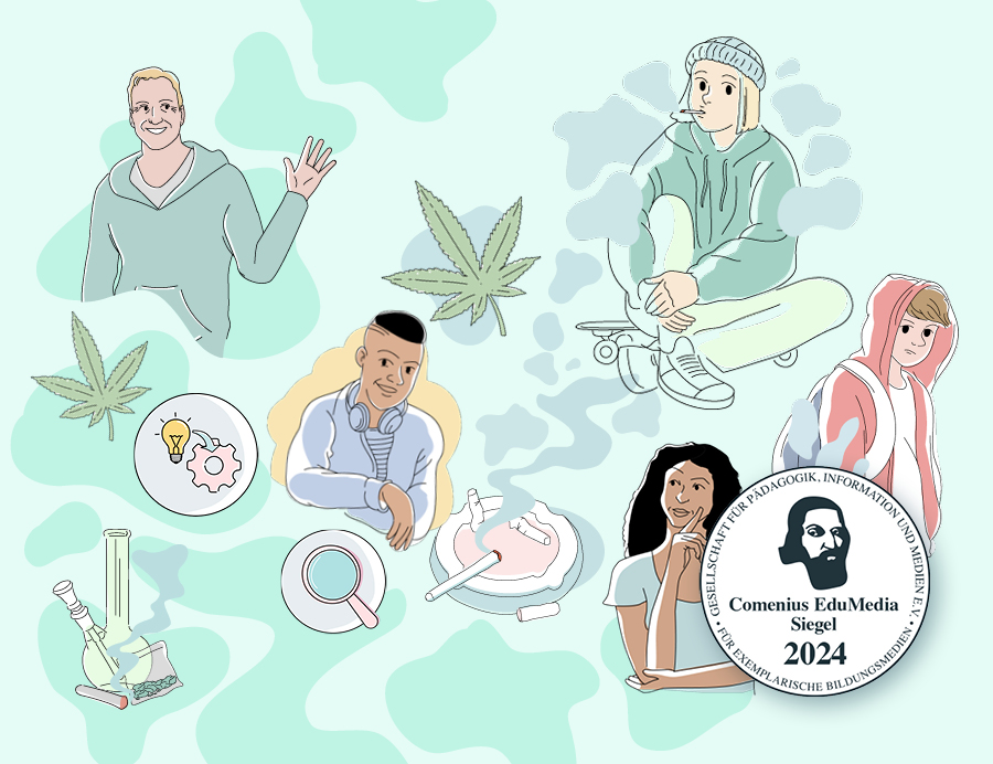 Illustrationen von Menschen, Cannabisblättern, Rauch, einer Bong, und Symbolen für Ideen und Forschung. Es befindet sich ein Comenius EduMedia Siegel auf dem Bild.