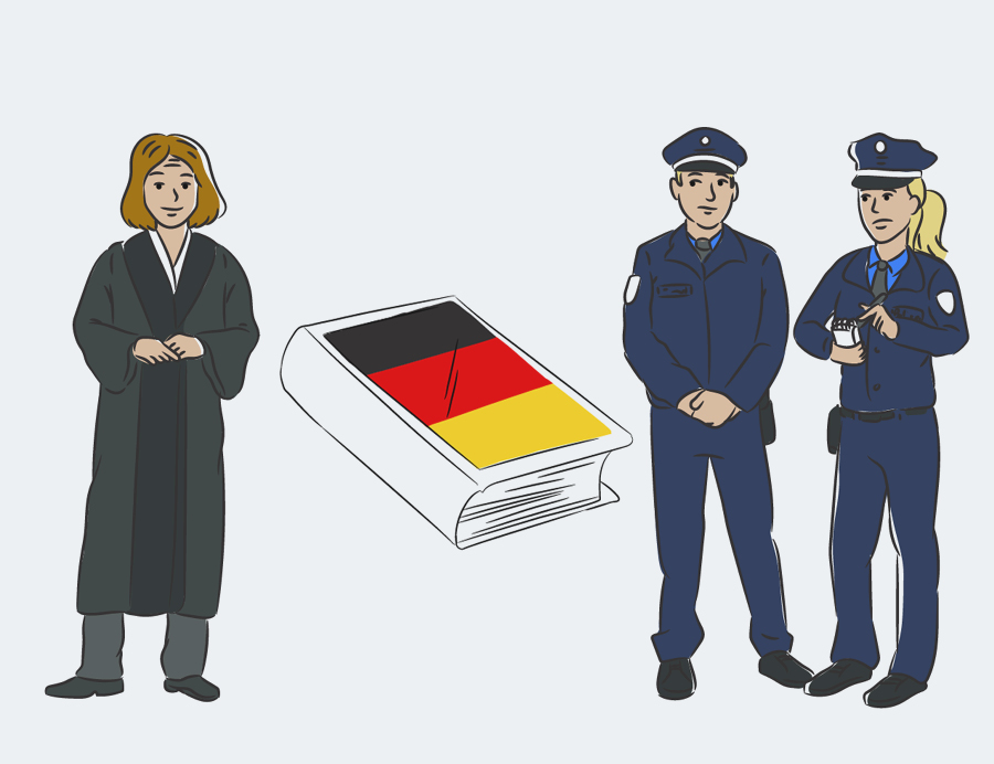 Illustration einer Richterin, eines deutschen Gesetzbuchs und zweier Polizist*innen