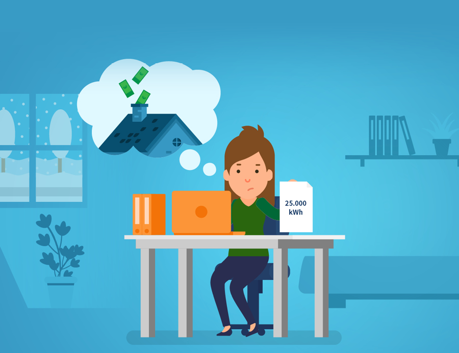 Illustration einer Person, die an einem Schreibtisch mit einem Laptop sitzt und über hohe Energiekosten nachdenkt, draußen schneit es.