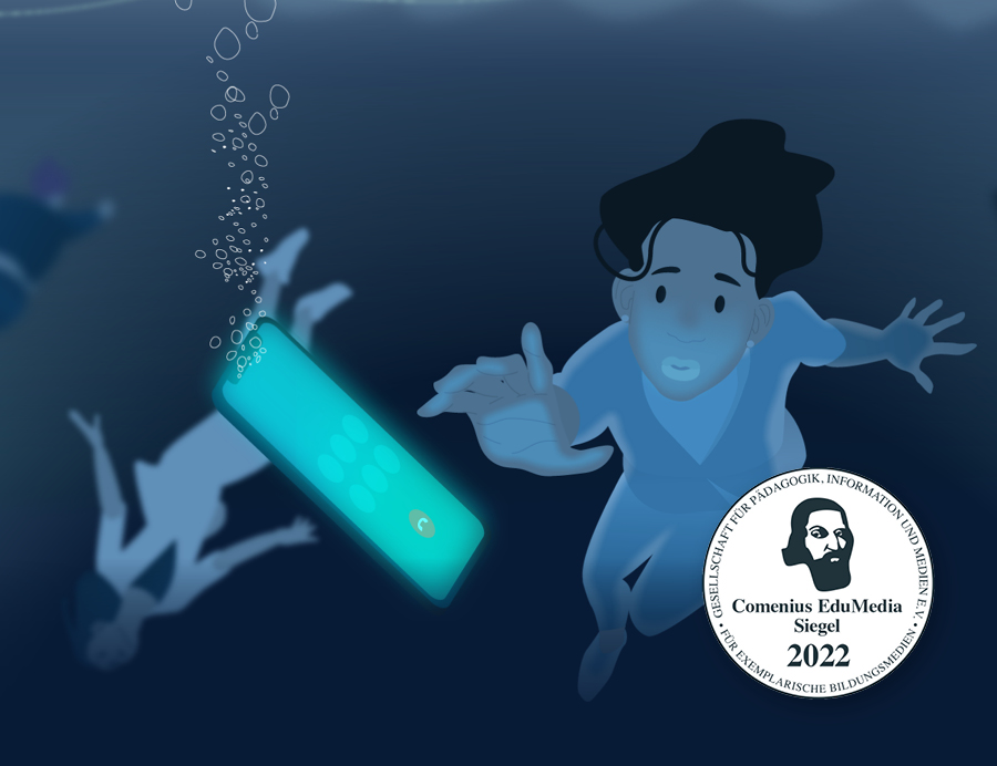 Illustration einer Person, die unter Wasser nach einem leuchtenden Smartphone greift, mit einem Comenius EduMedia Siegel 2022.