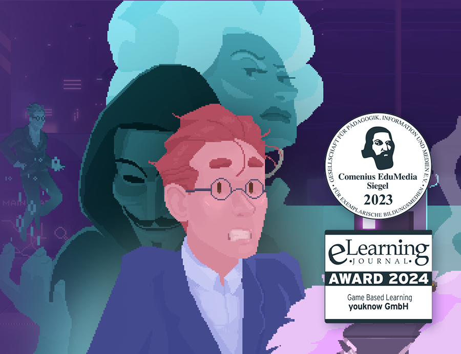 Eine Illustration im Pixelstil mit verschiedenen Charakteren im Vordergrund, darunter eine Person mit Kapuze, eine Frau mit blauen Haaren und eine Person mit rotem Haar und Anzug, vor einem lila Hintergrund. Auszeichnungen: Comenius EduMedia Siegel 2023 und eLearning Journal Award 2024