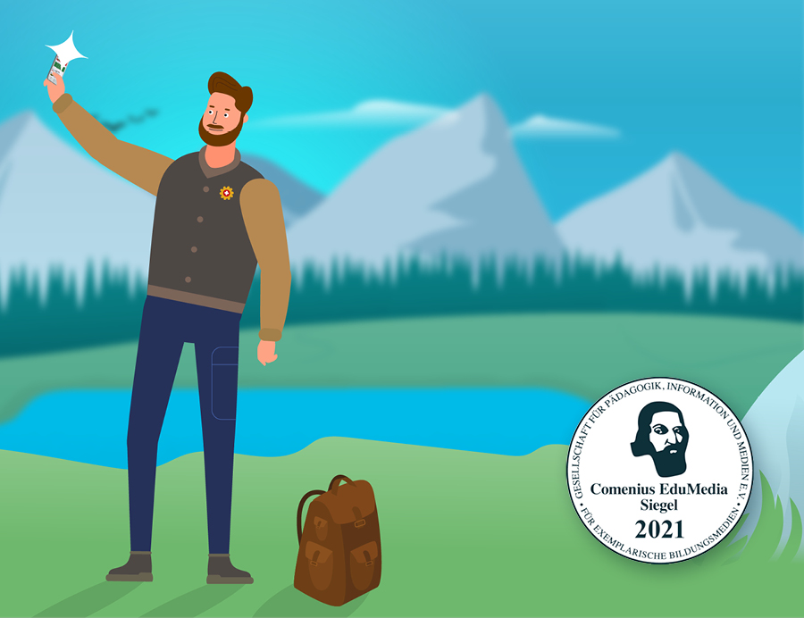 Illustration eines Wanderers der gerade ein Selfie schießt. Im Hintergrund ist eine Bergseelandschaft. Es st ein Siegel des Comenius EduMedia auf dem Bild.