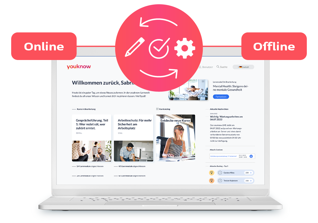Laptop mit Screenshot des knowtion LMS, darüber steht online und offline.