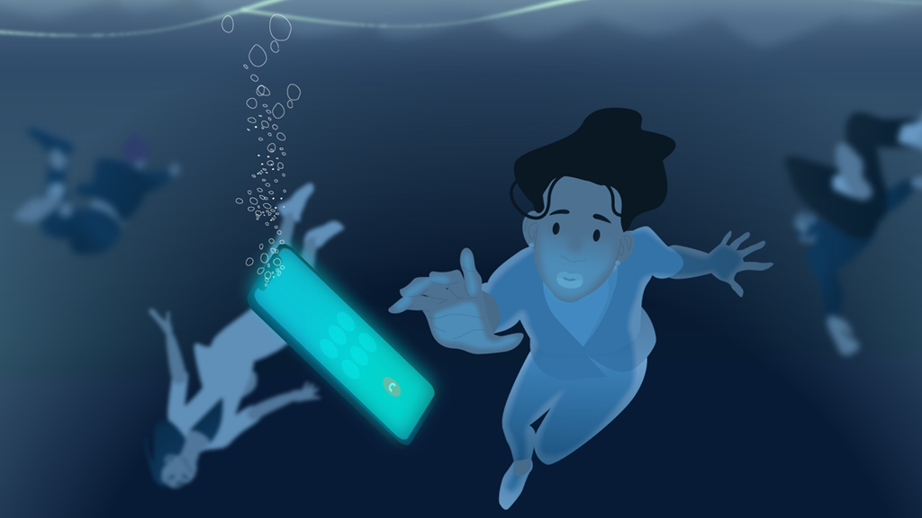 Illustration einer Person, die unter Wasser nach einem leuchtenden Smartphone greift, im Hintergrund sieht man weitere Personen