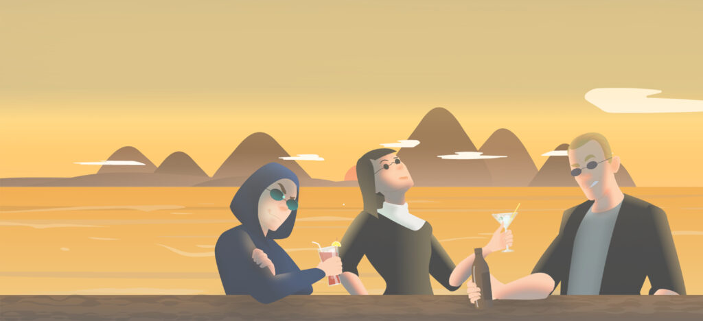 Illustration von drei Personen mit schwarzen Sonnenbrillen, die bei Sonnenuntergang Getränke genießen, mit Bergen und einer Wüstenlandschaft im Hintergrund.