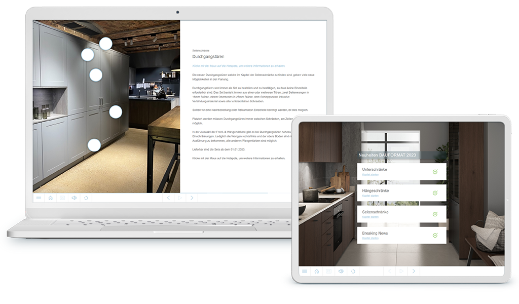 Ein Laptop und ein Tablet zeigen Screenshots von einem Training