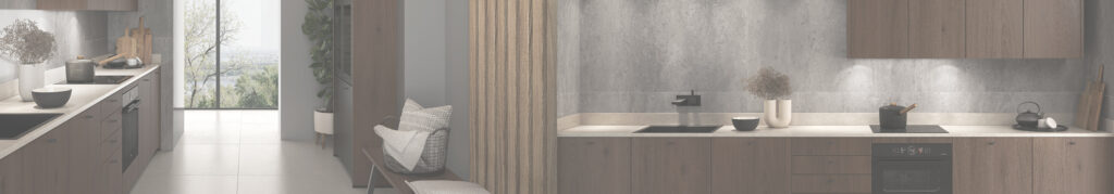 Eine moderne, minimalistische Küche aus dunklem Holz