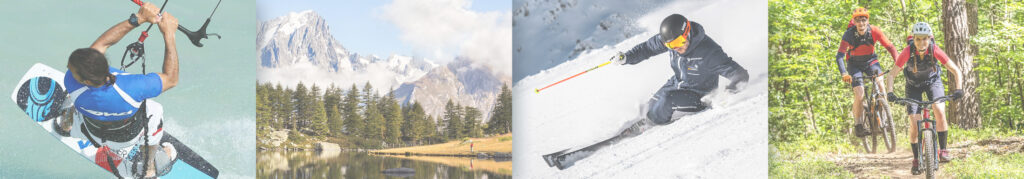 Collage von Fotos von Outdoor-Aktivitäten: Kitesurfen, Berglandschaft, Skifahren und Personen die Mountainbike fahren.