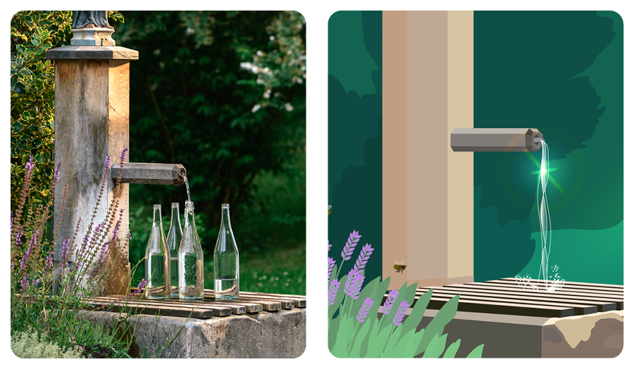Zwei Bilder einer Quelle: links ein Foto einer echten Quelle mit Glasflaschen, rechts eine Illustration derselben Quelle mit Lavendel im Vordergrund.