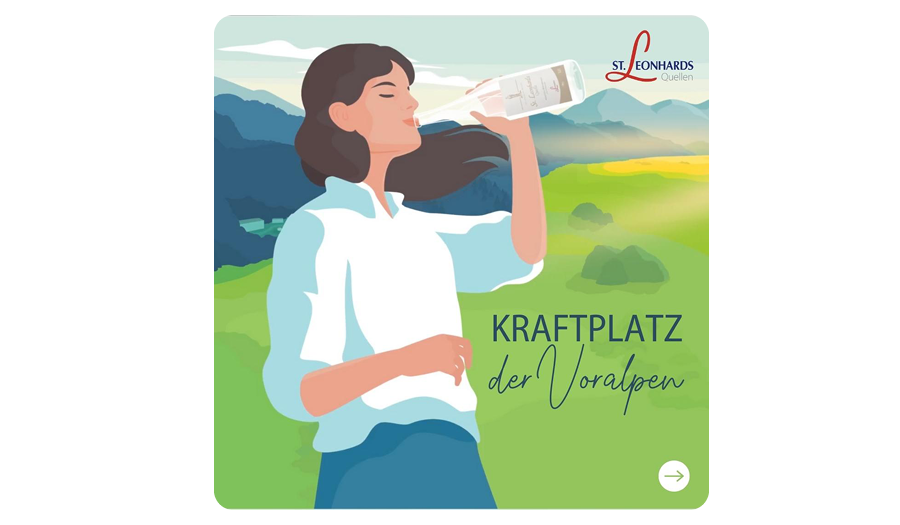 Illustration einer Person, die eine Flasche Wasser vor einer Berglandschaft trinkt, mit dem Text