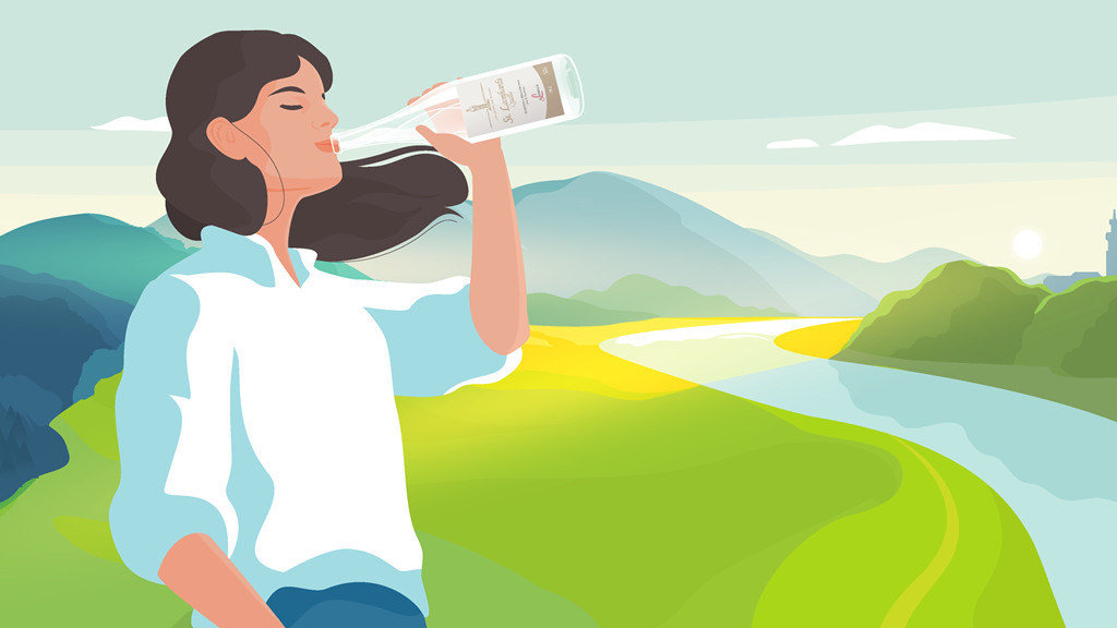 Illustration einer Person, die eine Flasche Wasser vor einer Berglandschaft trinkt, mit dem Text