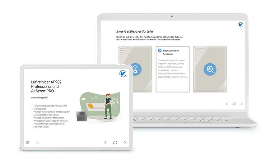 Laptop und ein Tablet mit Screenshots aus dem Training, es geht um Luftreiniger