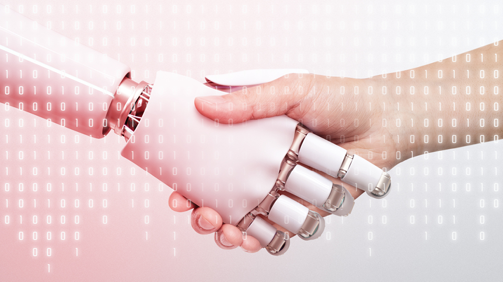 Ein eine menschliche und eine Roboterhand, die sich begrüßen. Um sie herum fliegen Binärcodes.