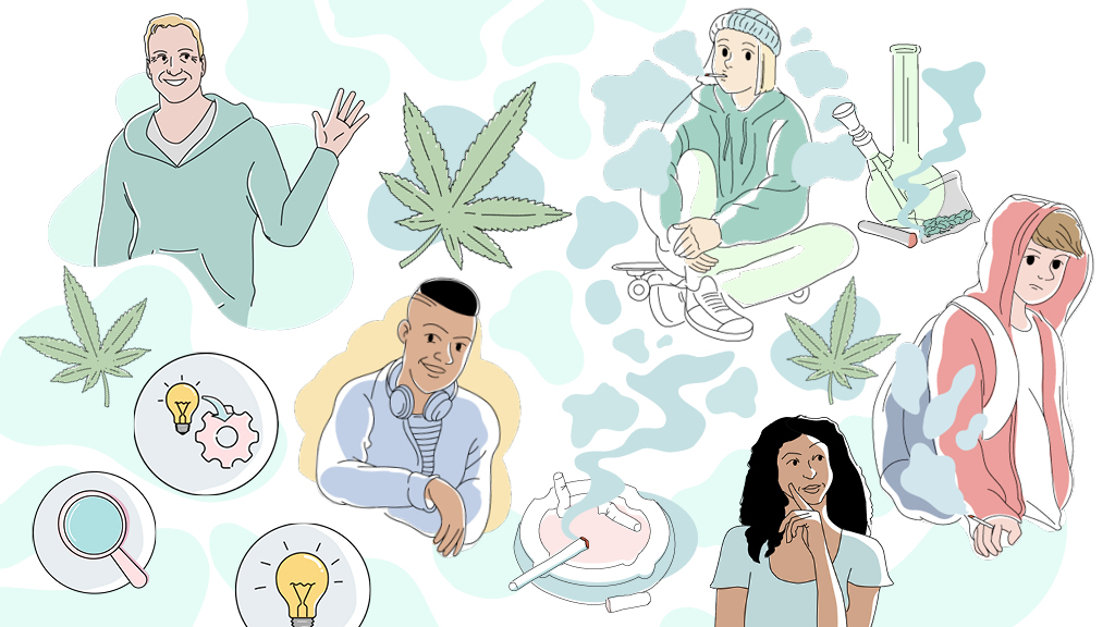 Illustrationen von Menschen, Cannabisblättern, Rauch, einer Bong, und Symbolen für Ideen und Forschung.