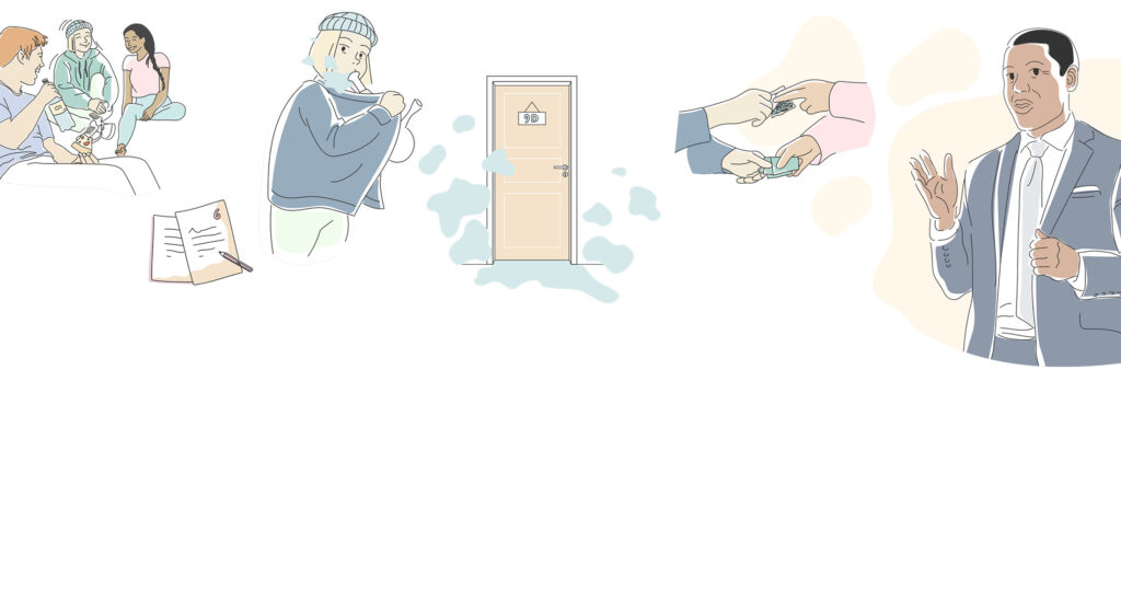 Illustrationen von Personen, die Cannabis konsumieren, einem Rezept, einer Tür, einer Geldübergabe und einer Person in einem Anzug.