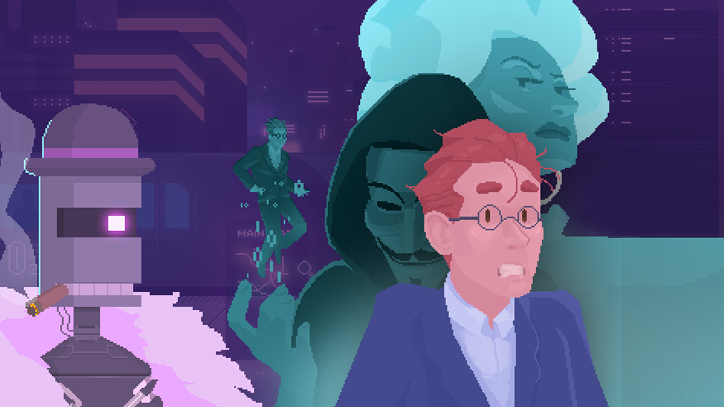 Eine Illustration im Pixelstil mit verschiedenen Charakteren im Vordergrund, darunter eine Person mit Kapuze, eine Frau mit blauen Haaren, ein rauchender Roboter und eine Person mit rotem Haar und Anzug, vor einem lila Hintergrund.