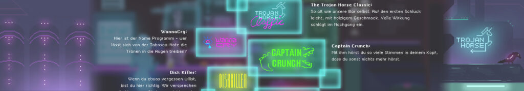 Cyberpunk inspirierte Grafik von Neon-Schildern und Beschreibungen von verschiedenen Cocktails in einer Bar, darunter 