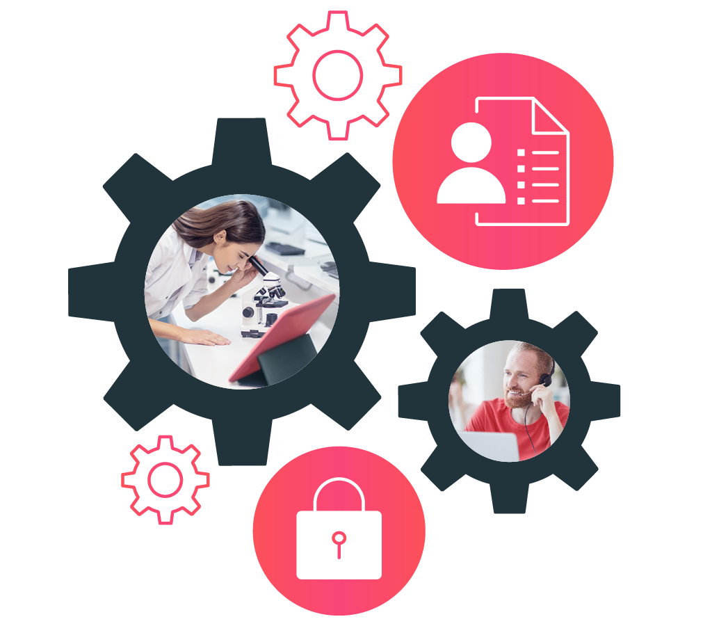 Illustration von Zahnrädern mit Bildern und Symbolen, darunter eine Person im Labor, ein Dokumentensymbol, ein Schloss und eine Person mit Headset.