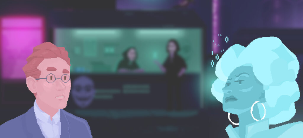 Illustration von einer Unterhaltung zwischen einem rothaarigen Mann und einer blauen Frau, im Hintergrund ist eine Cyberpunk inspirierte Bar
