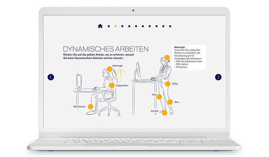 Laptop mit Screenshot aus einem Training, es geht um dynamisches Arbeiten am Computer. Es ist eine stehende und eine sitzende Person abgebildet.