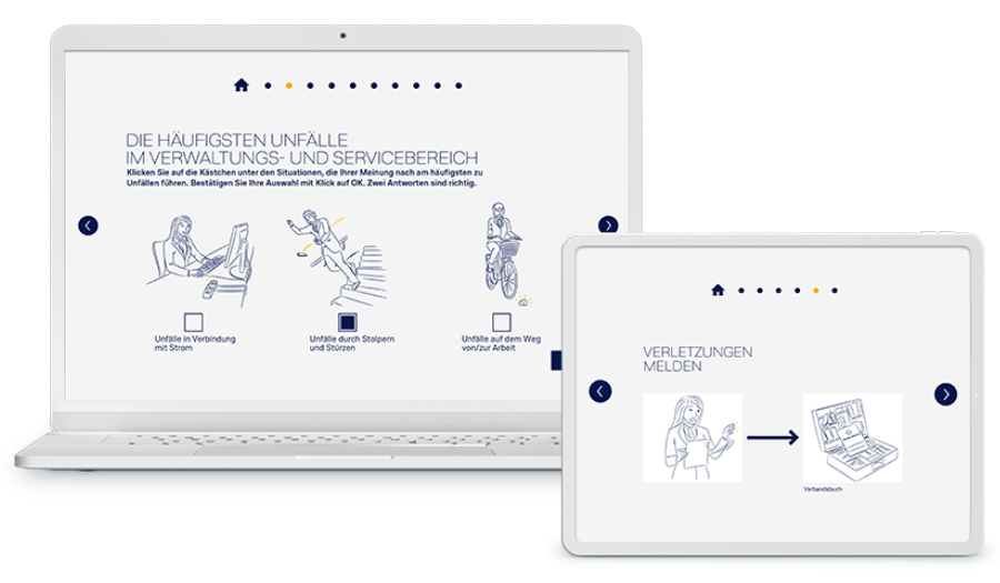 Laptop und Tablet mit Screenshots aus einem Training, es sind verschiedene Illustrationen zu Unfällen abgebildet.