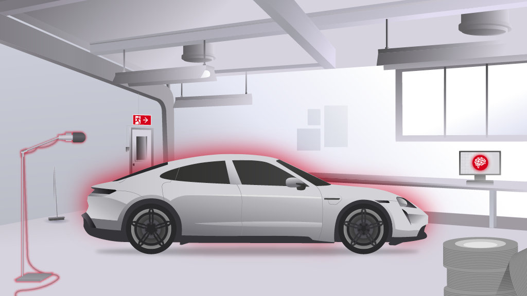 Illustration eines Porsche in einem Tonstudio, auf einem Computerbildschirm wird ein Gehirnsymbol angezeigt, das für KI steht.