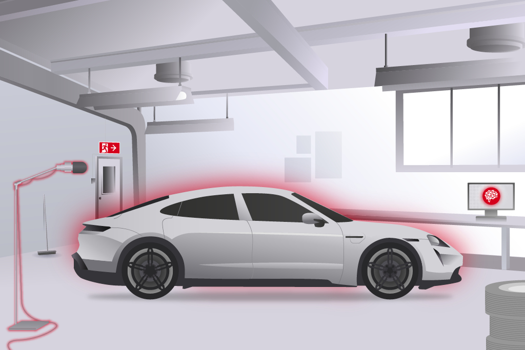 Illustration eines Porsche in einem Tonstudio, auf einem Computerbildschirm wird ein Gehirnsymbol angezeigt, das für KI steht.