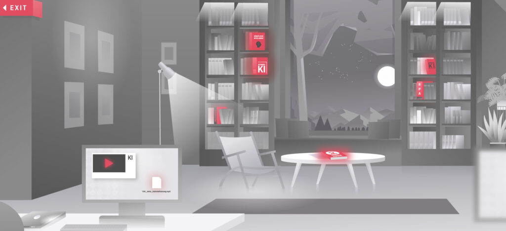 Illustration eines modernen Büros bei Nacht mit einem Computer, Bücherregalen und einem runden Tisch. Man sieht Bücher über KI, rot aufblinken.