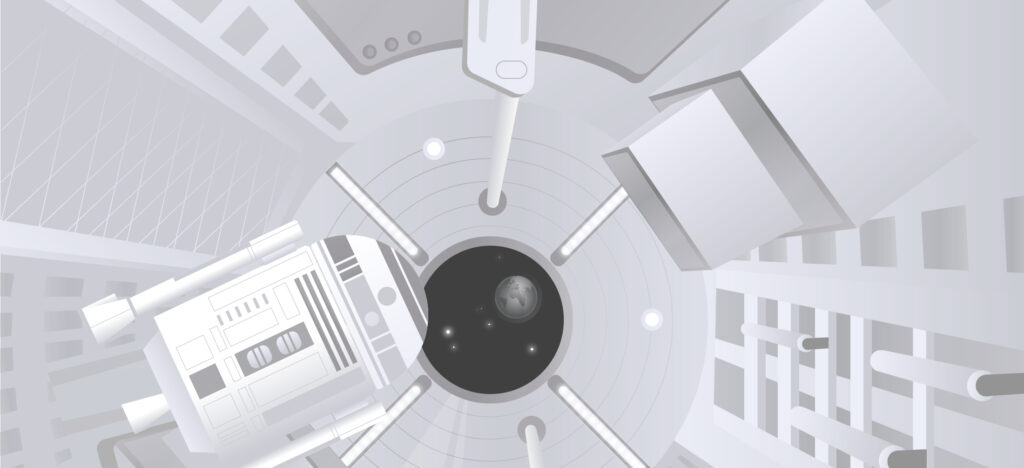 Illustration eines blickes aus einem Raumschiff, aus dem Bullauge sieht man den Mond und die Sterne, im Raumschiff fliegt R2D2 vorbei.