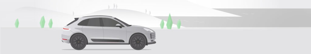 Illustration eines Porsche der durch eine minimalistische Landschaft fährt.