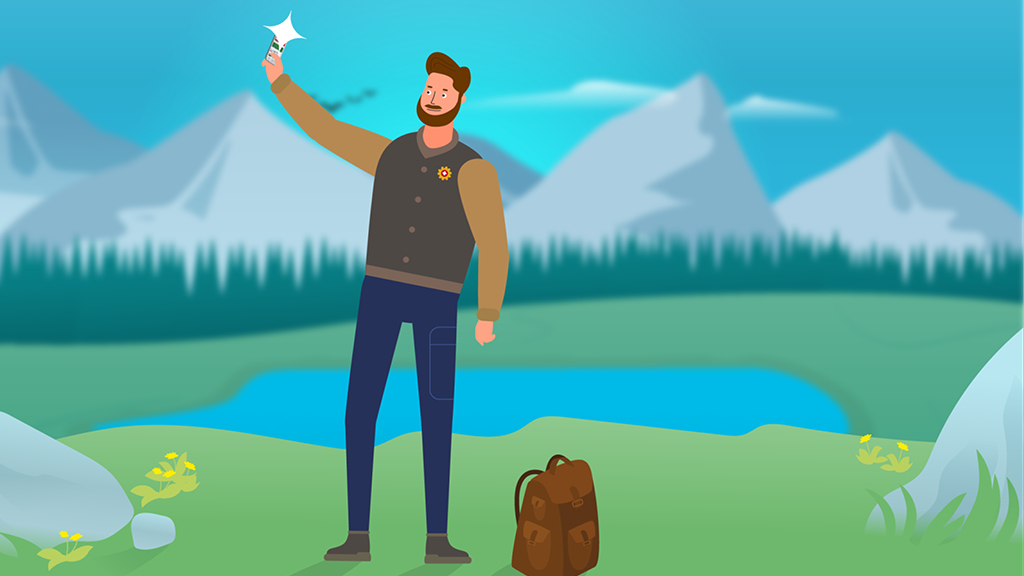 Illustration eines Wanderers der gerade ein Selfie schießt. Im Hintergrund ist eine Bergseelandschaft.