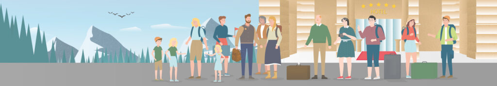 Illustration einer großen Reisegruppe vor einem Hotel in den Bergen.