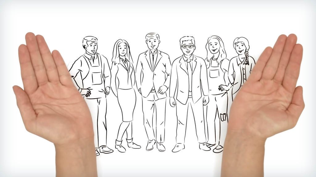 Illustrationen von mehreren unterschiedlichen Personen und zwei realistische Hände links und rechts.