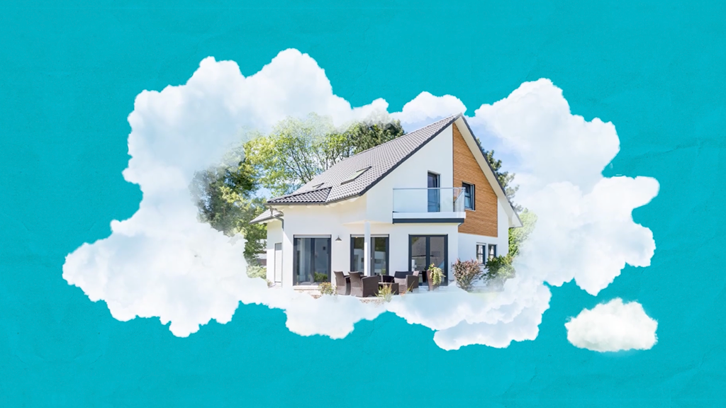 Ein Foto eines modernen Einfamilienhauses in einer illustrierten Wolke.