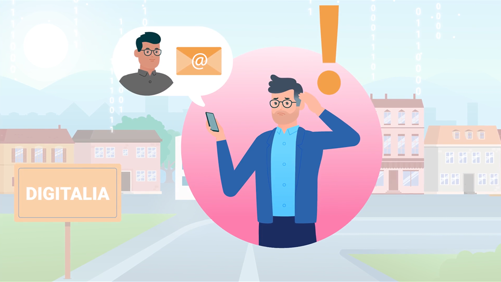 Illustration im Animade Stil einer Person mit Smartphone, umgeben von einem Ausrufezeichen und einer E-Mail-Benachrichtigung, vor einer städtischen Kulisse mit einem Schild