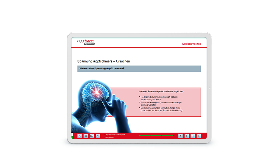 Tablet mit Screenshot des Trainings, es geht um Spannungskopfschmerz.