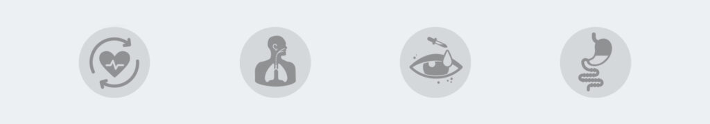 Icon eines Herzens mit Sinuswelle, Icon eines Menschen mit sichtbaren Lungen, Icon eines Auges das gerade Augentropfen bekommt, Icon eines Magen der halb voll ist