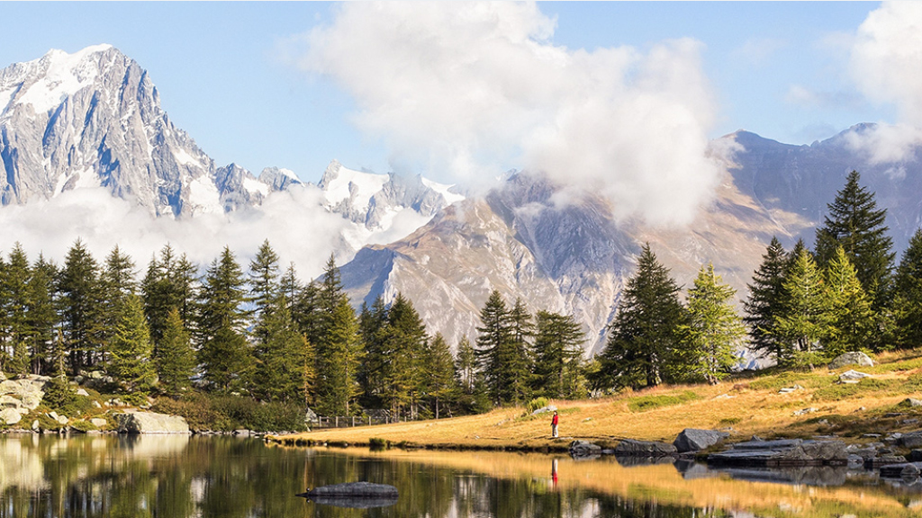 Landschaftsaufnahme eines Bergsees, man sieht eine in Rot gekleidete Person am Ufer stehen und große Berge im Hintergrund.